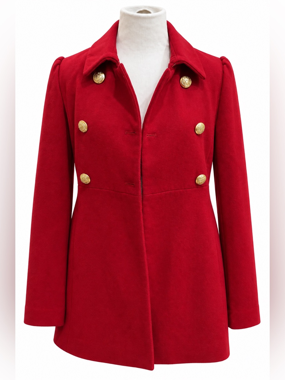 Express Red Double-Breasted Pea Coat with Gold Buttons Small